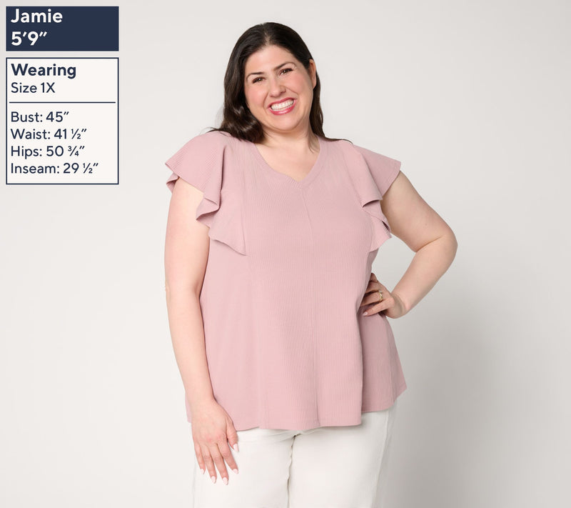 LOGO by Lori Goldstein Flutter Sleeve Knit Ribbed V-Neck Top — View 6