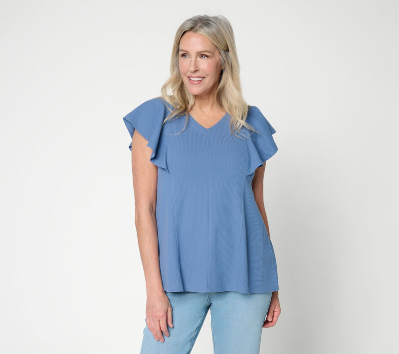 LOGO by Lori Goldstein Flutter Sleeve Knit Ribbed V-Neck Top — View 2