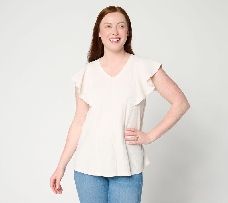 LOGO by Lori Goldstein Flutter Sleeve Knit Ribbed V-Neck Top — View 4