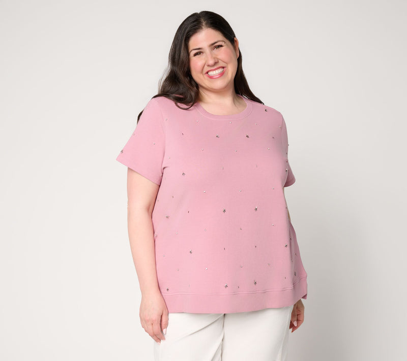 LOGO Lavish by Lori Goldstein Embellished Short Sleeve Sweatshirt — View 12