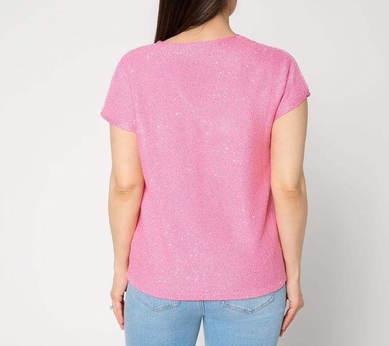 Susan Graver Sequin V-Neck Extended Sleeve Knit Top — View 4