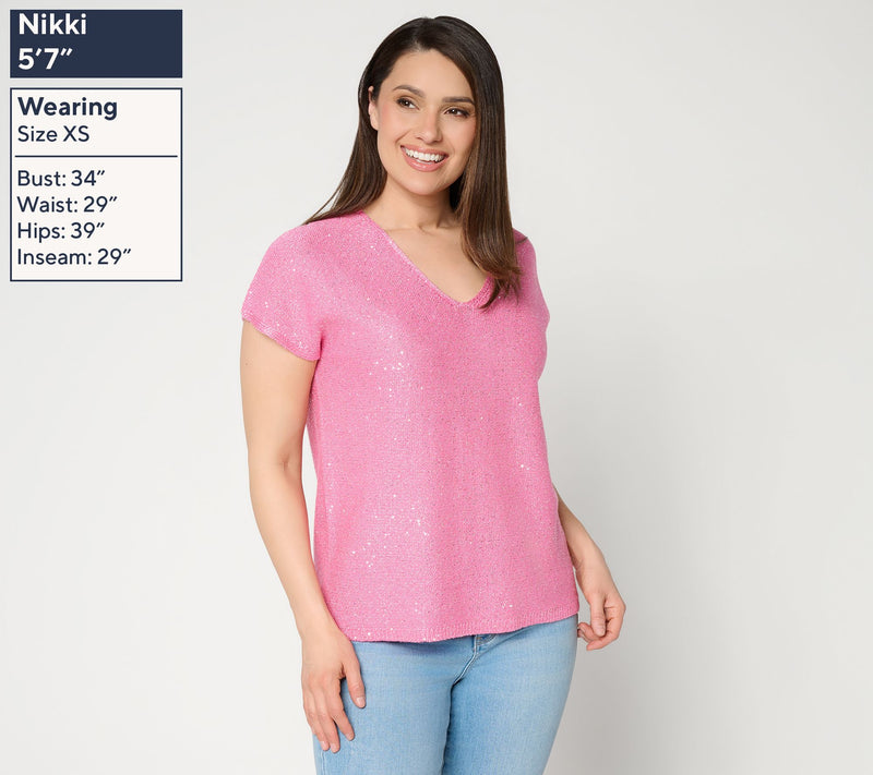 Susan Graver Sequin V-Neck Extended Sleeve Knit Top — View 3