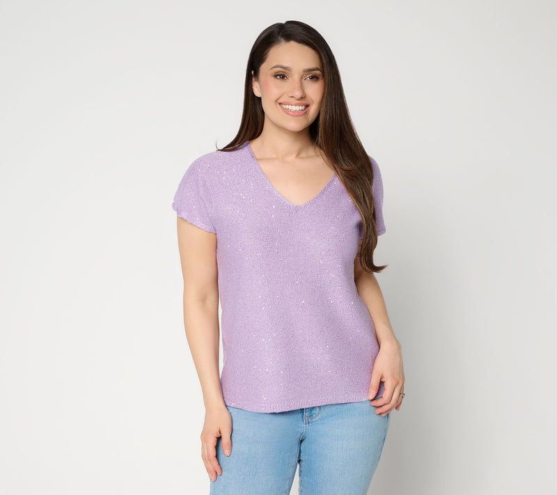 Susan Graver Sequin V-Neck Extended Sleeve Knit Top — View 14