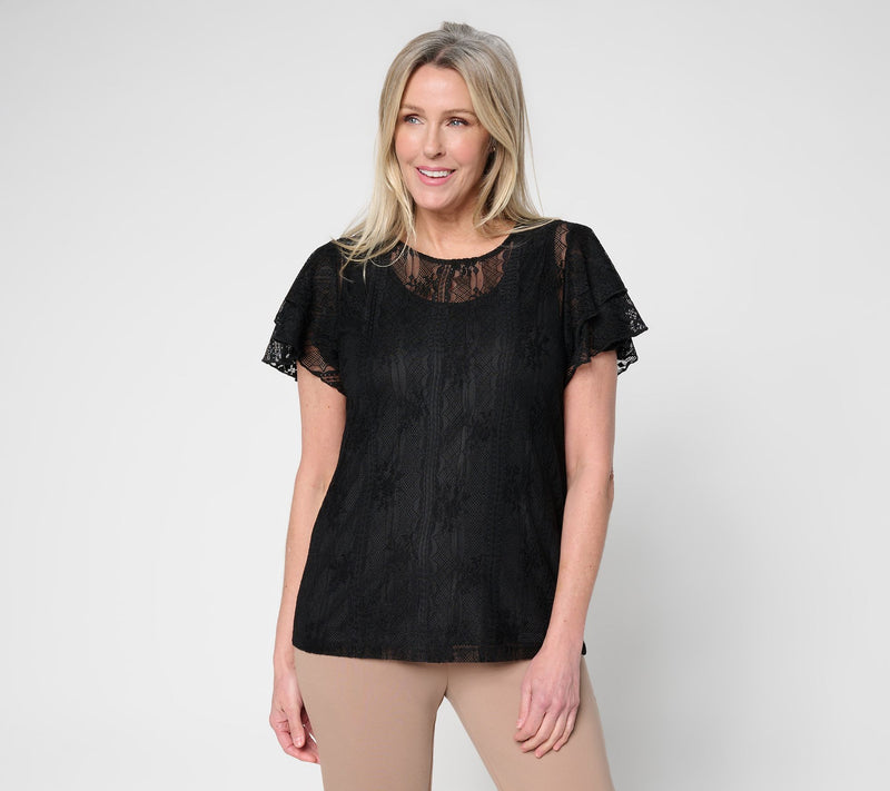 Susan Graver Lace Flutter Sleeve Scoop Neck Top with Camisole — View 11
