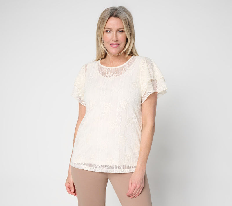 Susan Graver Lace Flutter Sleeve Scoop Neck Top with Camisole — View 12
