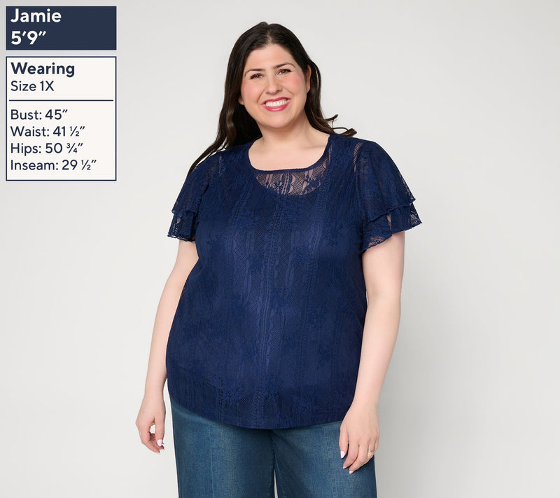 Susan Graver Lace Flutter Sleeve Scoop Neck Top with Camisole — View 2