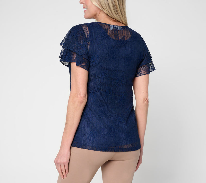 Susan Graver Lace Flutter Sleeve Scoop Neck Top with Camisole — View 4
