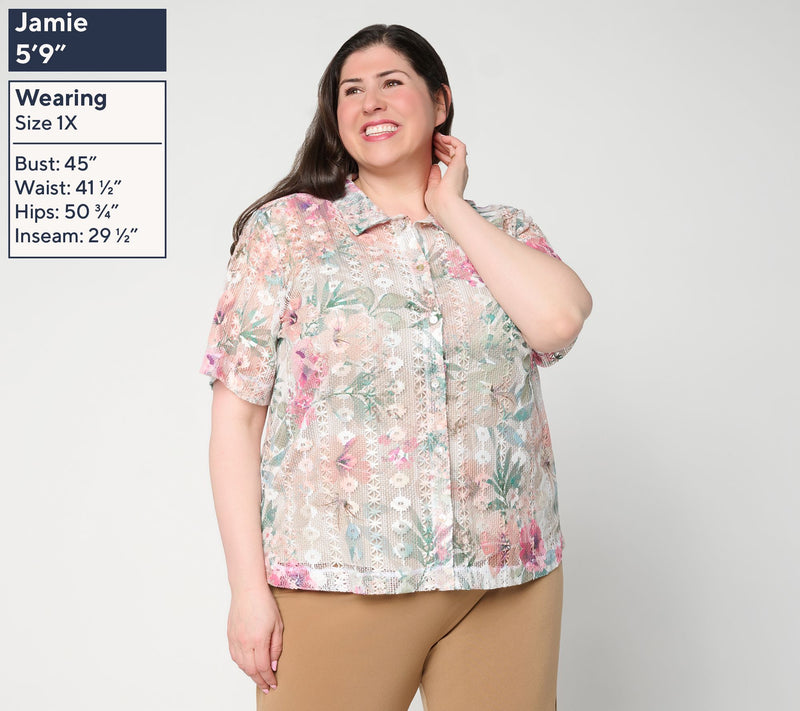 Susan Graver Printed Lace Button Front Camp Shirt — View 2