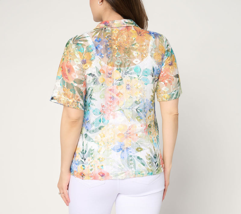Susan Graver Printed Lace Button Front Camp Shirt — View 4