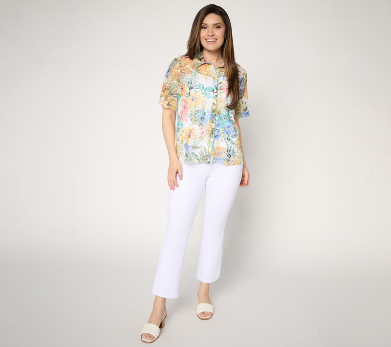 Susan Graver Printed Lace Button Front Camp Shirt — View 5