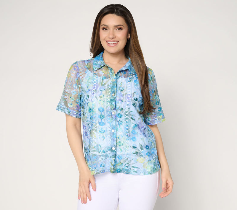 Susan Graver Printed Lace Button Front Camp Shirt — View 13