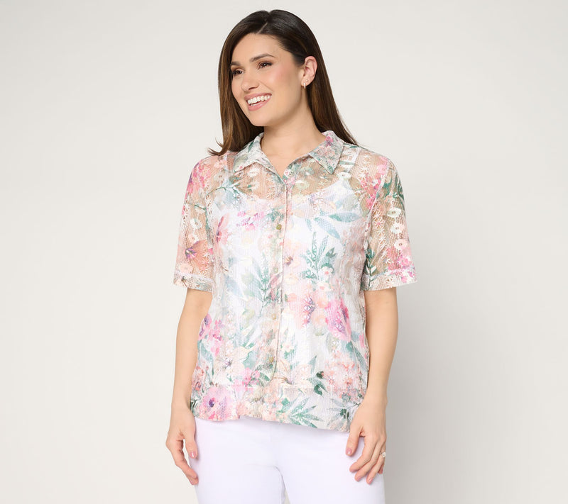 Susan Graver Printed Lace Button Front Camp Shirt — View 14