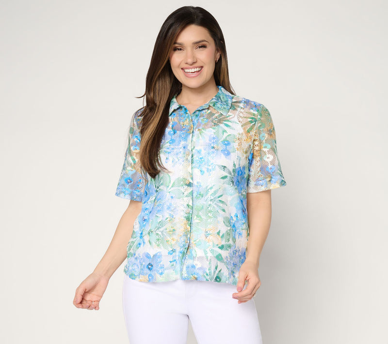 Susan Graver Printed Lace Button Front Camp Shirt — View 15