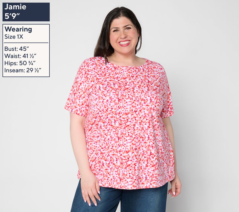 Susan Graver Weekend Printed Comfy Cotton Bateau Neck A-Line Top — View 2