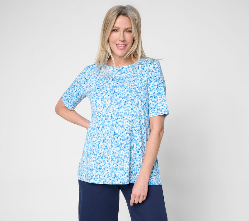 Susan Graver Weekend Printed Comfy Cotton Bateau Neck A-Line Top — View 11