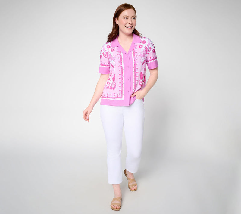 Susan Graver Printed Liquid Knit Button Front Camp Shirt — View 5