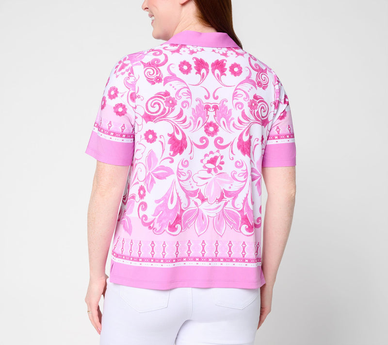 Susan Graver Printed Liquid Knit Button Front Camp Shirt — View 4