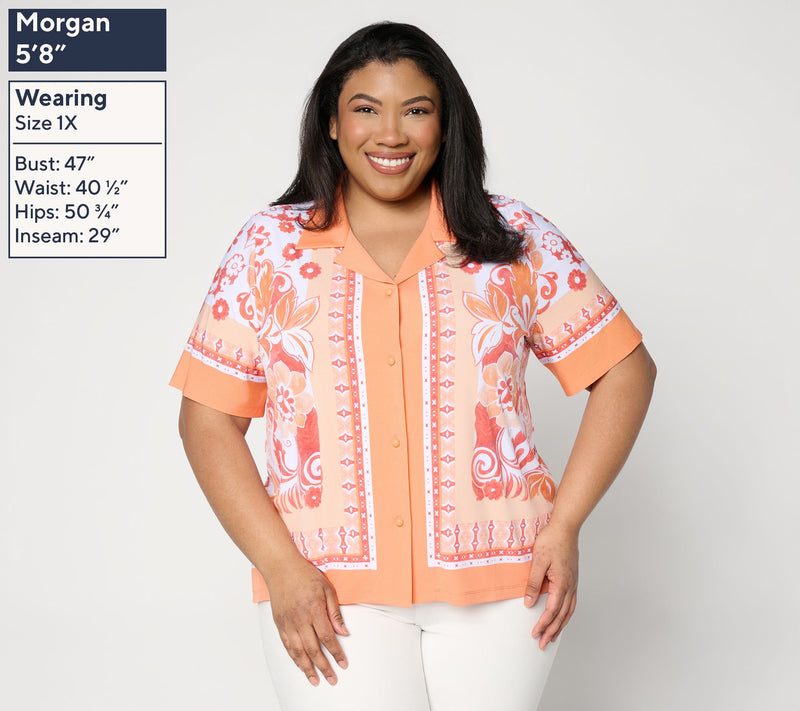 Susan Graver Printed Liquid Knit Button Front Camp Shirt — View 2