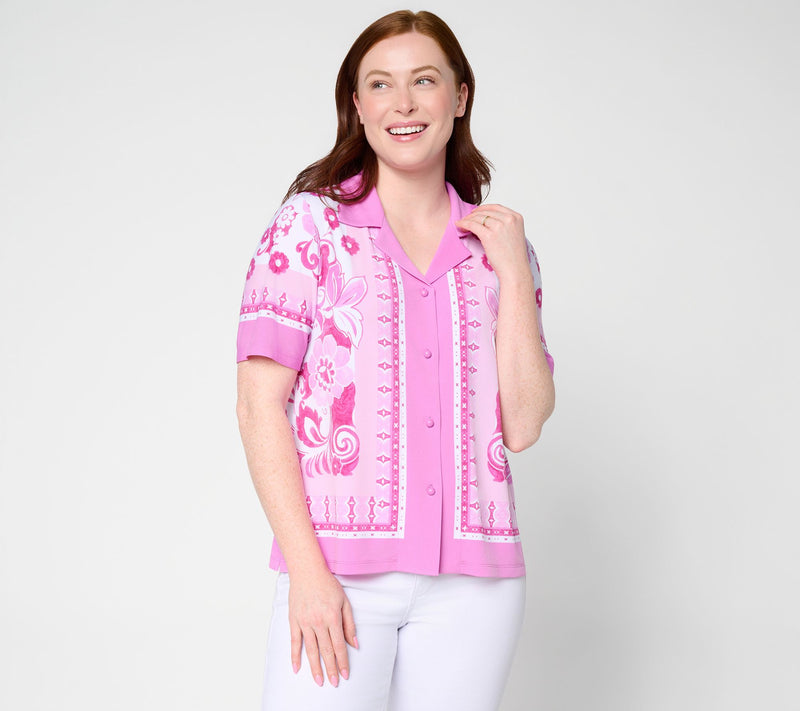 Susan Graver Printed Liquid Knit Button Front Camp Shirt — Main view