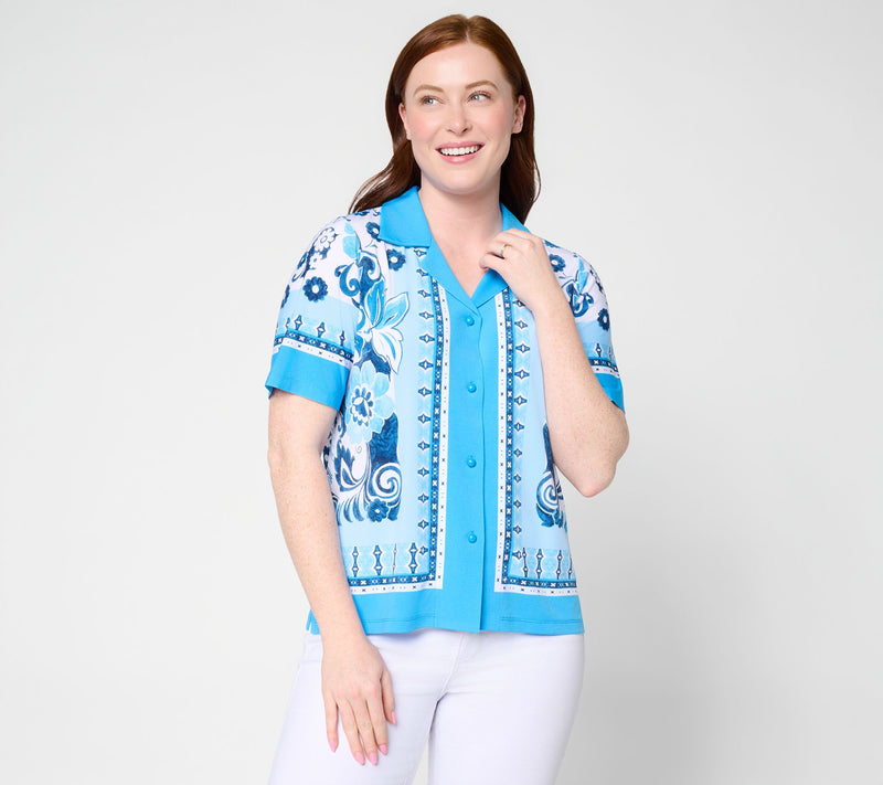 Susan Graver Printed Liquid Knit Button Front Camp Shirt — View 11