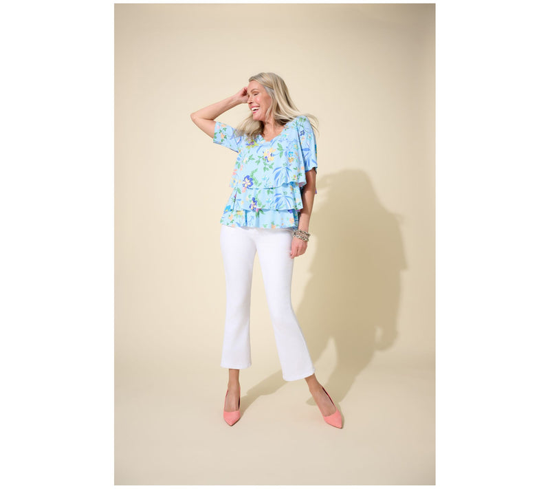 Susan Graver Printed Liquid Knit V-Neck Tiered Top — View 7