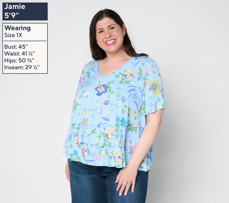 Susan Graver Printed Liquid Knit V-Neck Tiered Top — View 2