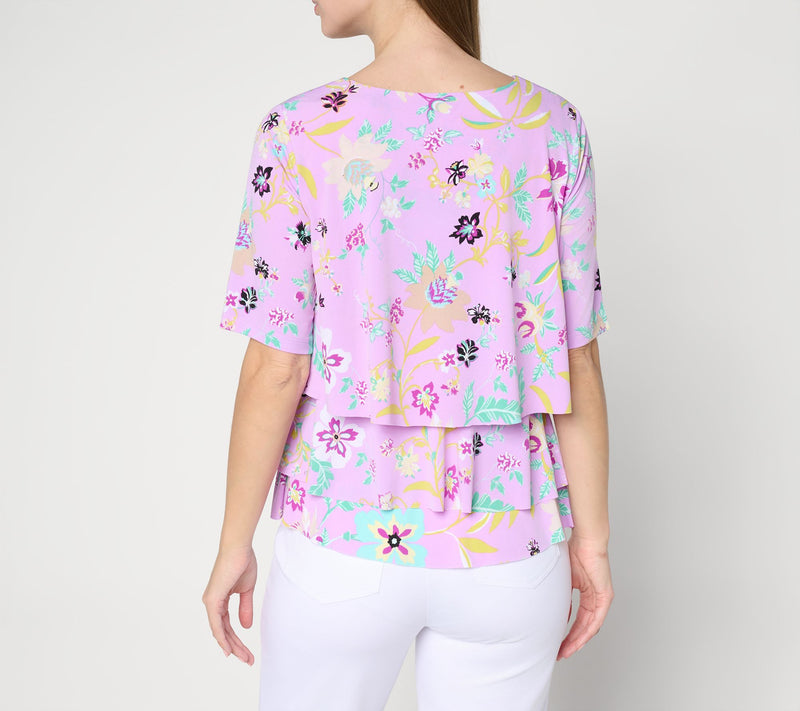 Susan Graver Printed Liquid Knit V-Neck Tiered Top — View 4