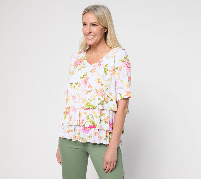Susan Graver Printed Liquid Knit V-Neck Tiered Top — View 13