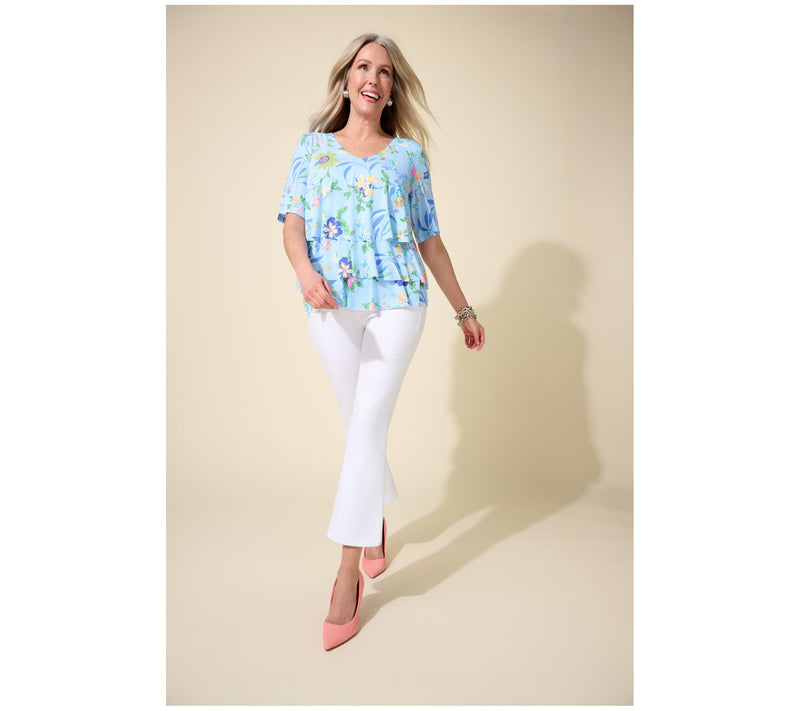 Susan Graver Printed Liquid Knit V-Neck Tiered Top — View 8
