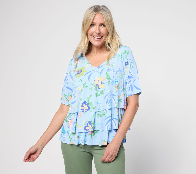 Susan Graver Printed Liquid Knit V-Neck Tiered Top — View 14