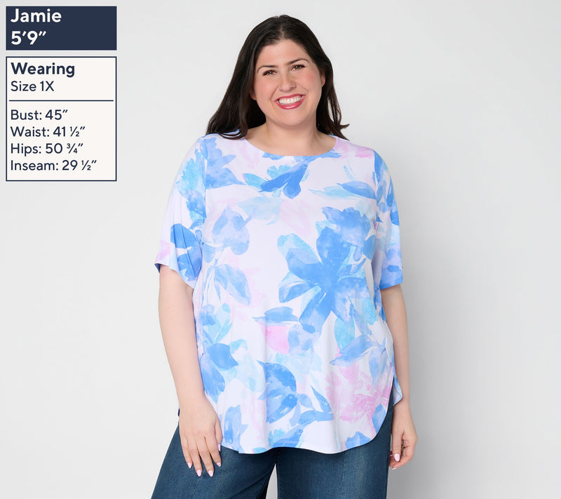 Susan Graver Regular Printed Liquid Knit Tunic with Shirttail Hem — View 10