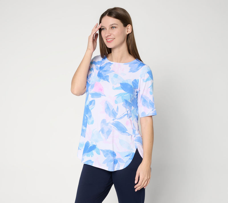 Susan Graver Regular Printed Liquid Knit Tunic with Shirttail Hem — View 3