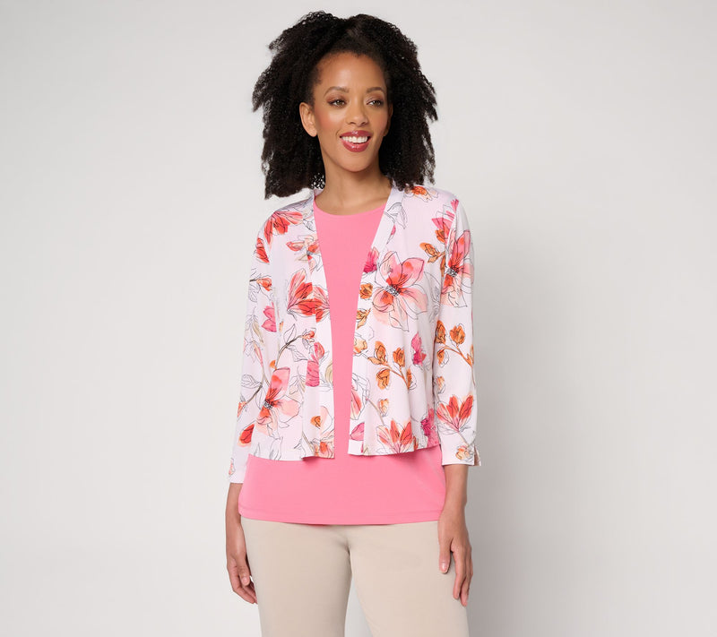 Susan Graver Print or Solid Liquid Knit 3/4 Sleeve Shrug — View 14