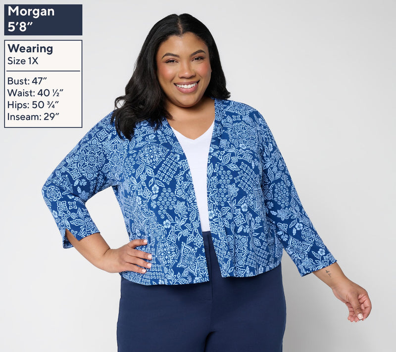Susan Graver Print or Solid Liquid Knit 3/4 Sleeve Shrug — View 2
