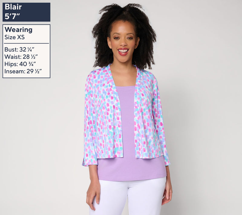Susan Graver Print or Solid Liquid Knit 3/4 Sleeve Shrug — View 3