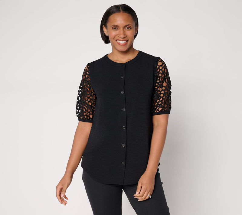 Susan Graver Crinkled Woven Button-Front Top w/ Lace Sleeves — View 10