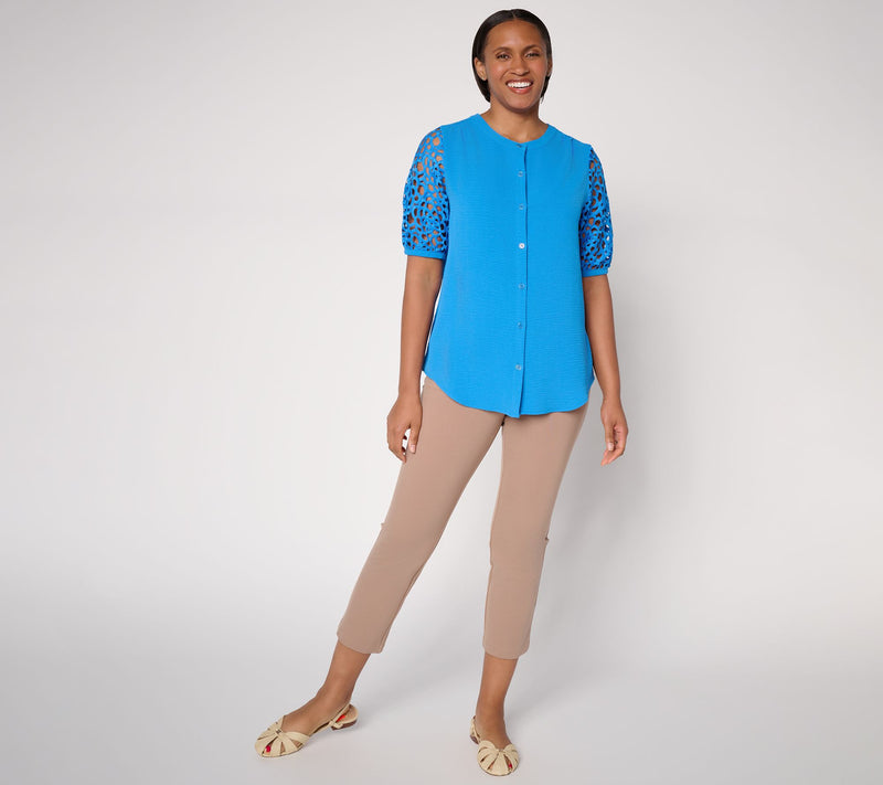 Susan Graver Crinkled Woven Button-Front Top w/ Lace Sleeves — View 5