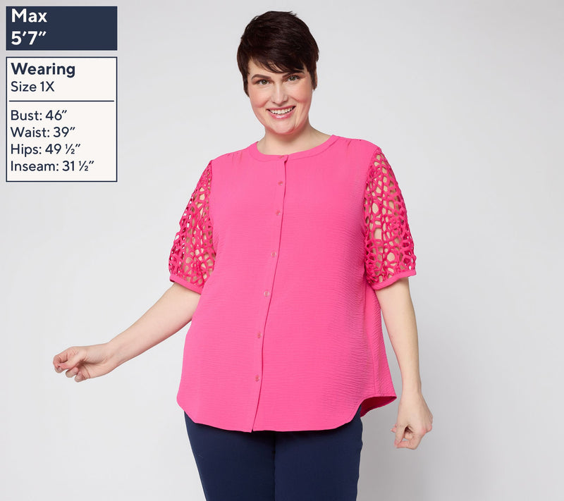 Susan Graver Crinkled Woven Button-Front Top w/ Lace Sleeves — View 2