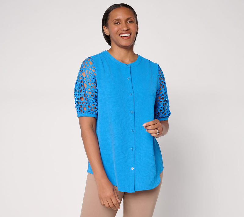 Susan Graver Crinkled Woven Button-Front Top w/ Lace Sleeves — View 11