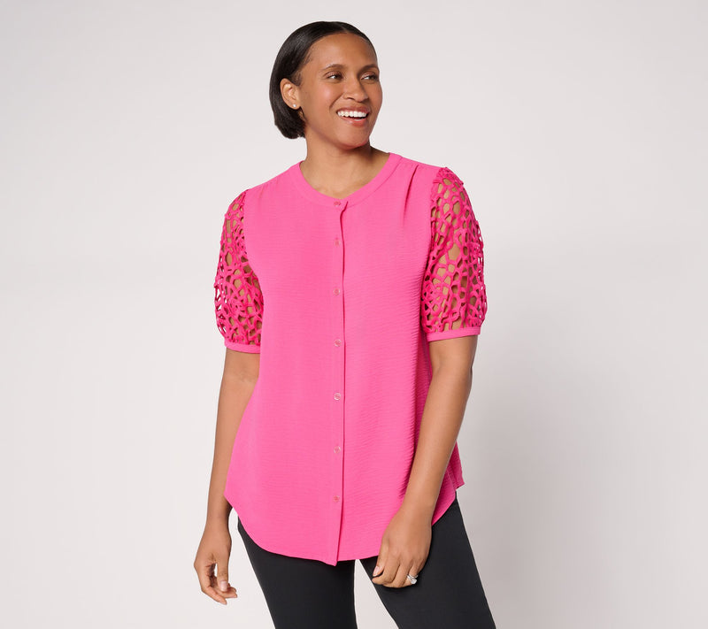 Susan Graver Crinkled Woven Button-Front Top w/ Lace Sleeves — View 12