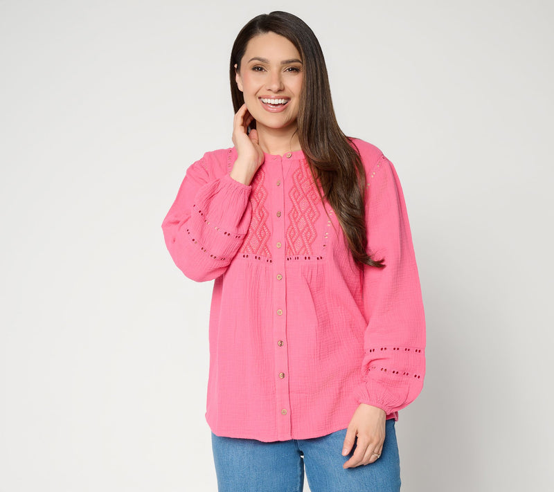 Susan Graver Regular Getaway Cotton Gauze Tunic with Embroidery — View 11