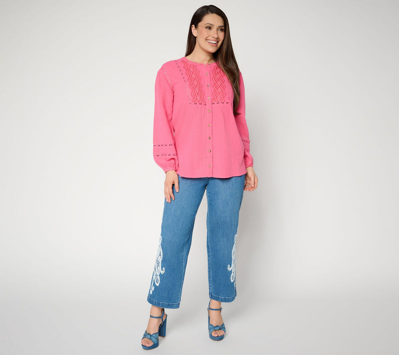 Susan Graver Regular Getaway Cotton Gauze Tunic with Embroidery — View 15