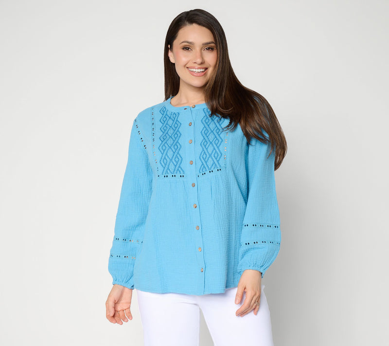 Susan Graver Regular Getaway Cotton Gauze Tunic with Embroidery — View 3