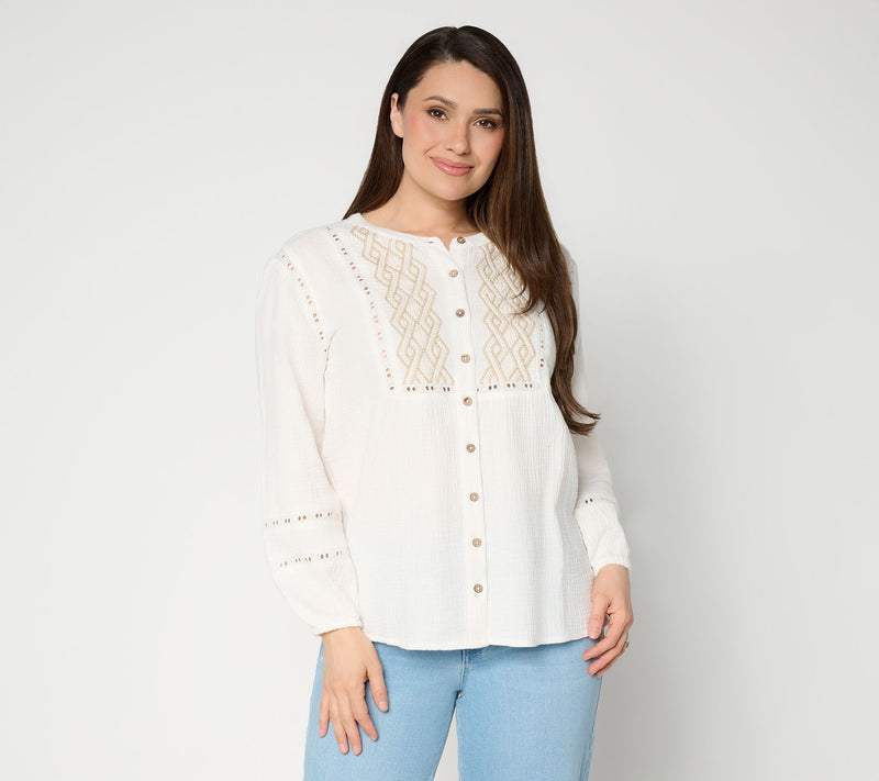 Susan Graver Petite Getaway Cotton Gauze Tunic with Embroidery — View 5
