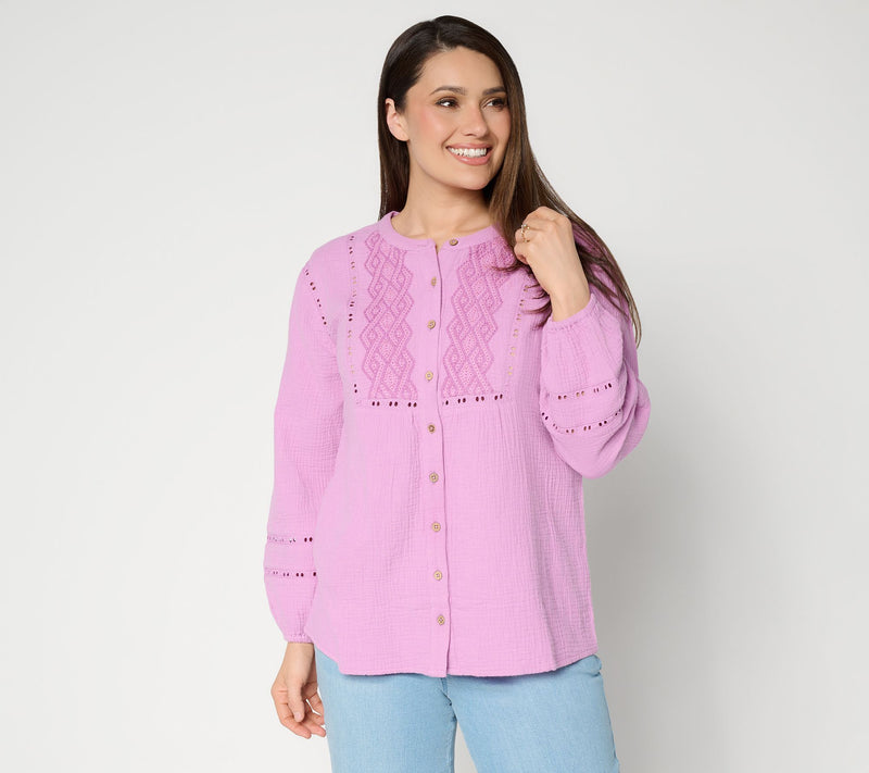 Susan Graver Petite Getaway Cotton Gauze Tunic with Embroidery — View 7