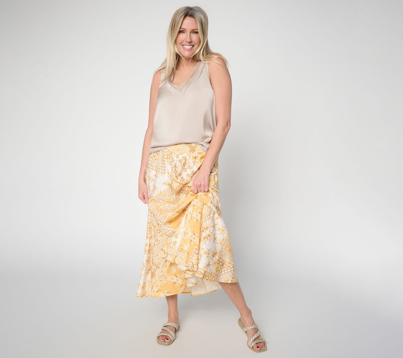 Susan Graver Regular Printed Dolce Woven Skirt with Smocked Waist — View 9