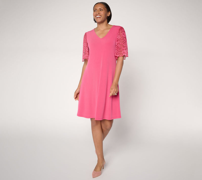 Susan Graver Regular Liquid Knit V-Neck A-Line Dress w/ Lace Sleeves — Main view