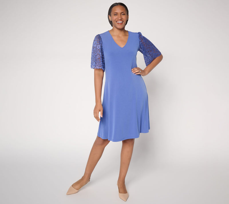 Susan Graver Regular Liquid Knit V-Neck A-Line Dress w/ Lace Sleeves — View 11