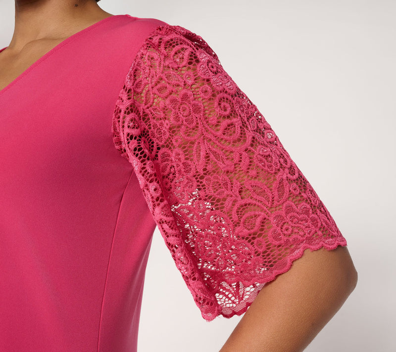 Susan Graver Regular Liquid Knit V-Neck A-Line Dress w/ Lace Sleeves — View 6