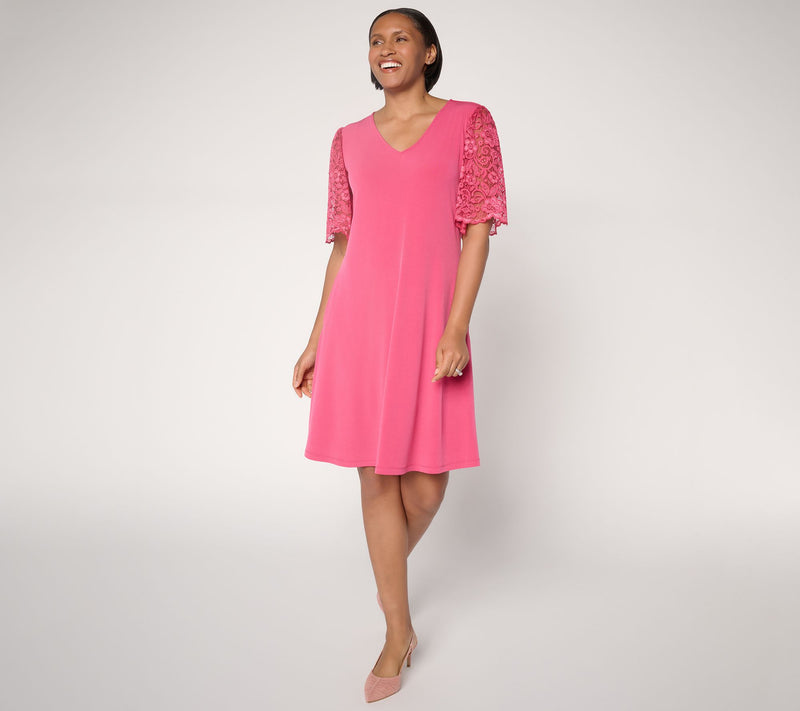 Susan Graver Regular Liquid Knit V-Neck A-Line Dress w/ Lace Sleeves — View 12